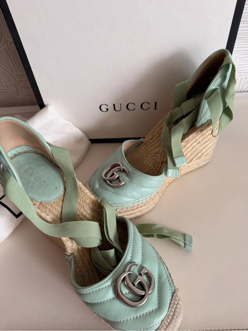 Gucci Mint Green Quilted Espadrille Wedge Sandals with Ribbon Ties
